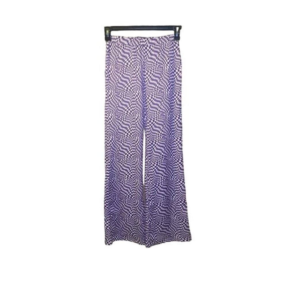 Womens Optical Illusion Checkered‎ Wide-Leg Pants Stretch Purple White